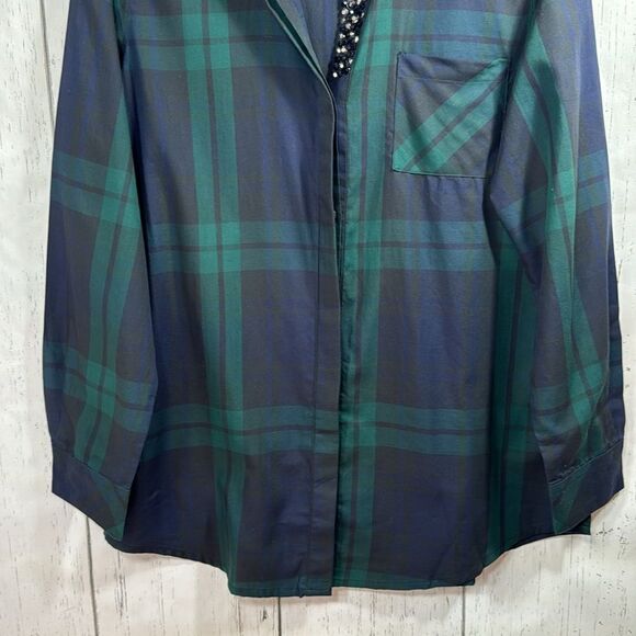 Orvis Womens Plaid Button Down Shirt with Beaded Trim Green Navy Preppy Classic - Picture 9 of 16